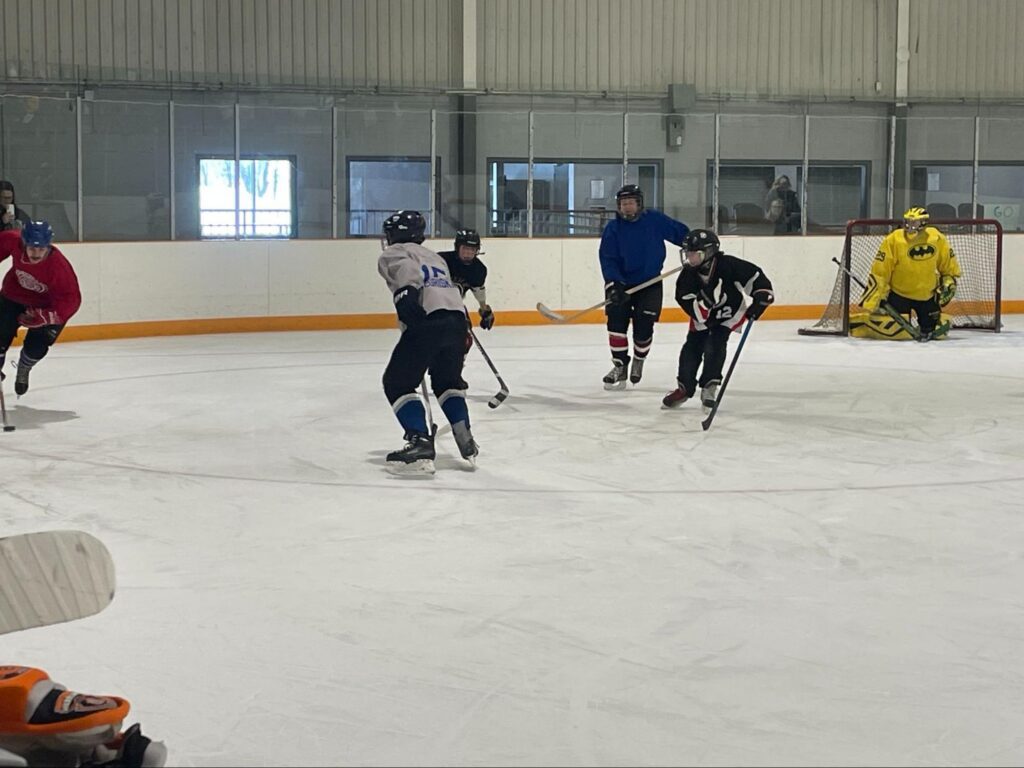 Woodsville Elementary School competes against local emergency services in a friendly game of hockey